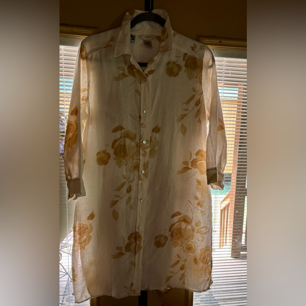 ⭐️EDWARD 100% Irish Linen Button Up Long Tunic Top HTF Roses Resort Luxury Sz 10